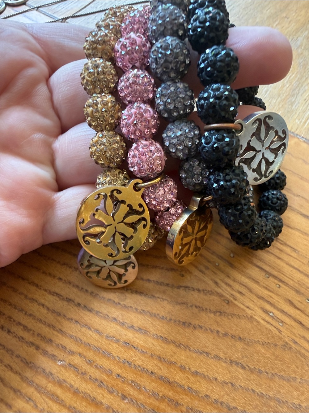 Rustic Cuff Gold, Pink, black & Gray Crystal Beaded Bracelet Set with Charms